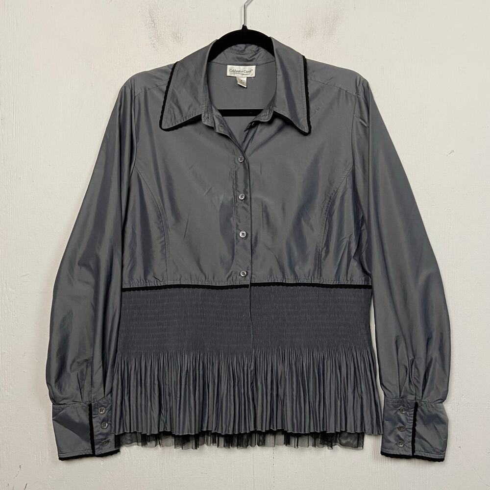 Coldwater Creek Gray Smocked Peplum Button Front Blouse Top Size Medium